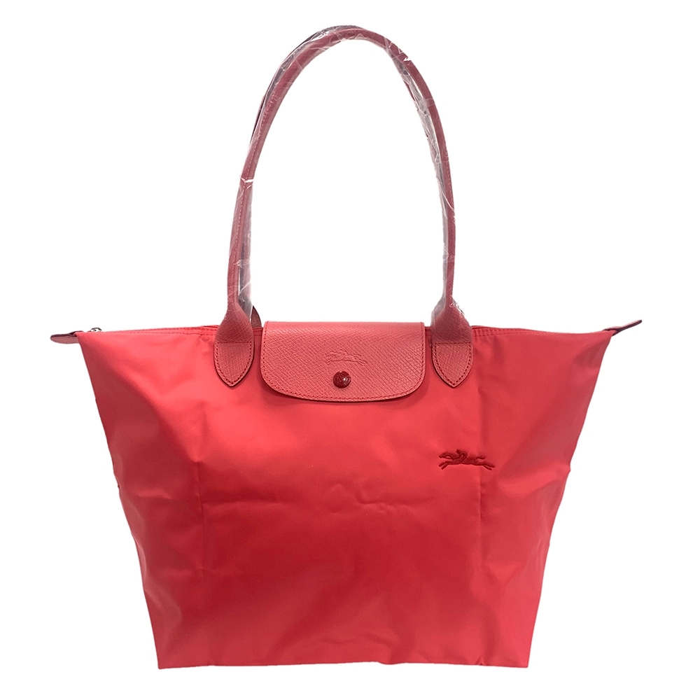 LONGCHAMP 經典LE PLIAGE系列刺繡摺疊長提把水餃手提包(大-石榴紅色)