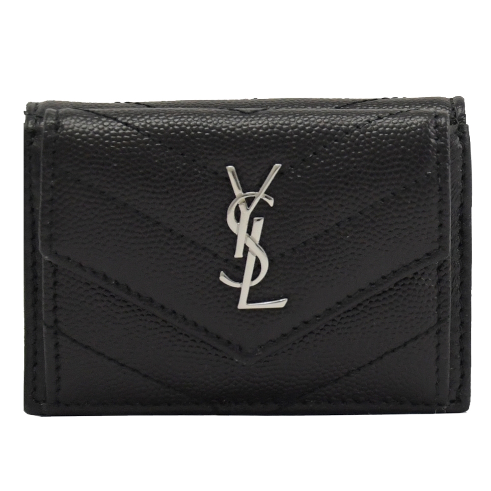 YSL Saint Laurent MONOGRAM V型車線魚子醬牛皮三折式零錢短夾(黑/銀)