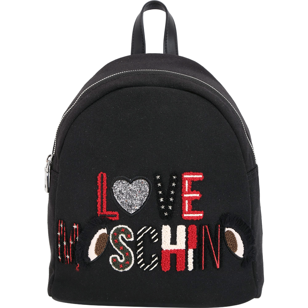 LOVE MOSCHINO Canvas 小型羊毛感字母拼貼後背包(黑色)