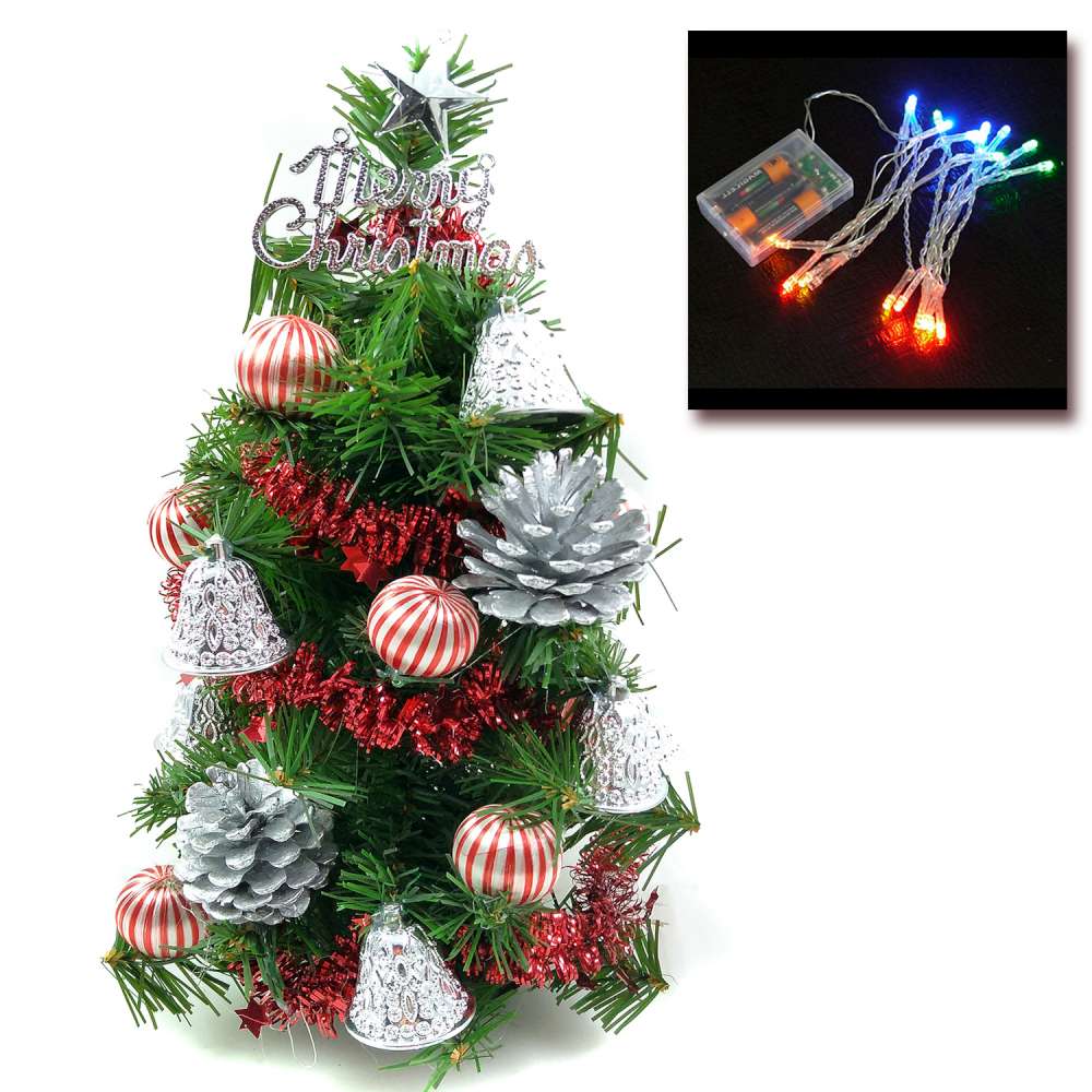 交換禮物-摩達客 迷你1尺(30cm)綠色聖誕樹(銀鐘糖果球系)+LED20燈彩光電池燈