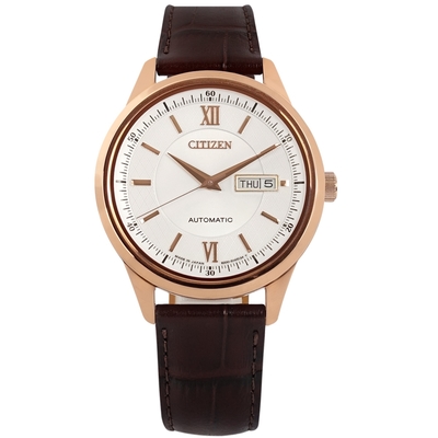 CITIZEN / 機械錶 自動上鍊 星期日期 壓紋真皮手錶(NY4052-08A)-白x玫瑰金框x深褐/40mm