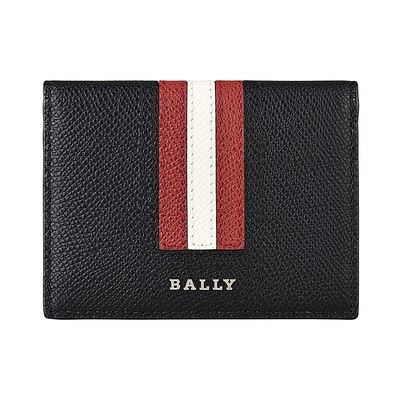 BALLY TALDER銀字LOGO紅白紅條紋牛皮6卡對折卡片名片夾(黑)