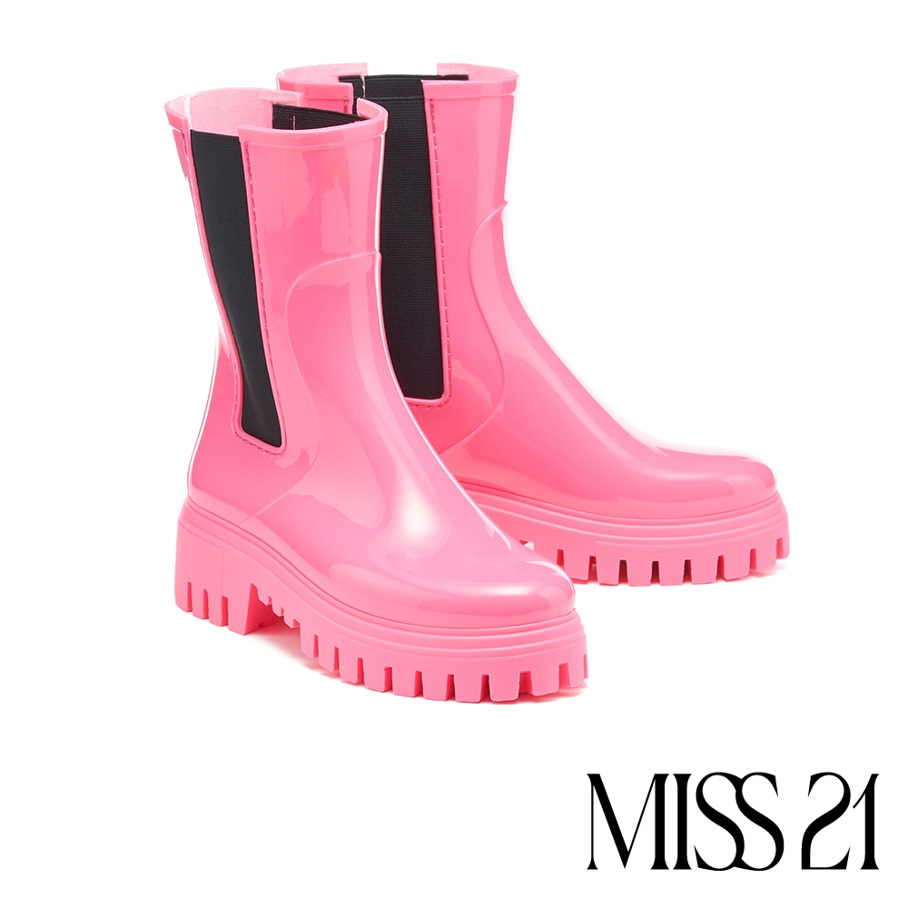 中筒靴 MISS 21 經典日常純色切爾西厚底中筒雨靴－桃