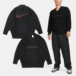 Nike 長袖 NSW Tech Pack 黑 棕 男款 V領 毛衣 寬鬆 大LOGO 針織 FB7810-010