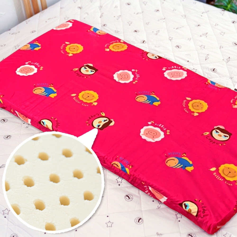 奶油獅 同樂會系列-100%精梳純棉布套+馬來西亞天然乳膠嬰兒床墊-莓果紅70X130cm