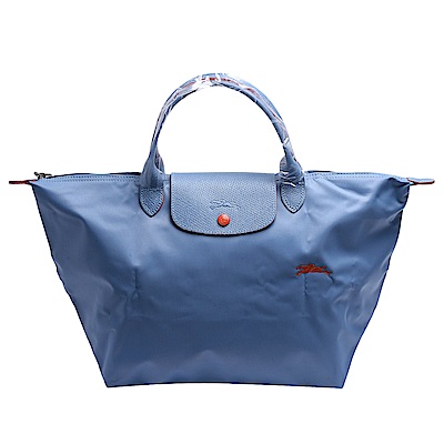 LONGCHAMP 經典Le Pliage刺繡摺疊暗釦/拉鍊短提把尼龍水餃包(中-粉藍色)