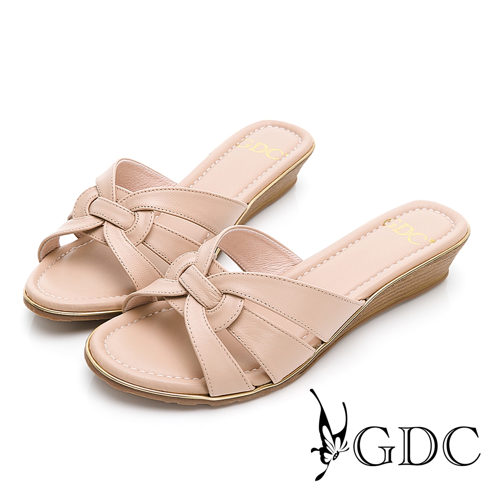 GDC-春夏時髦繽紛實穿編織圓頭真皮低跟簍空楔型拖鞋-粉色