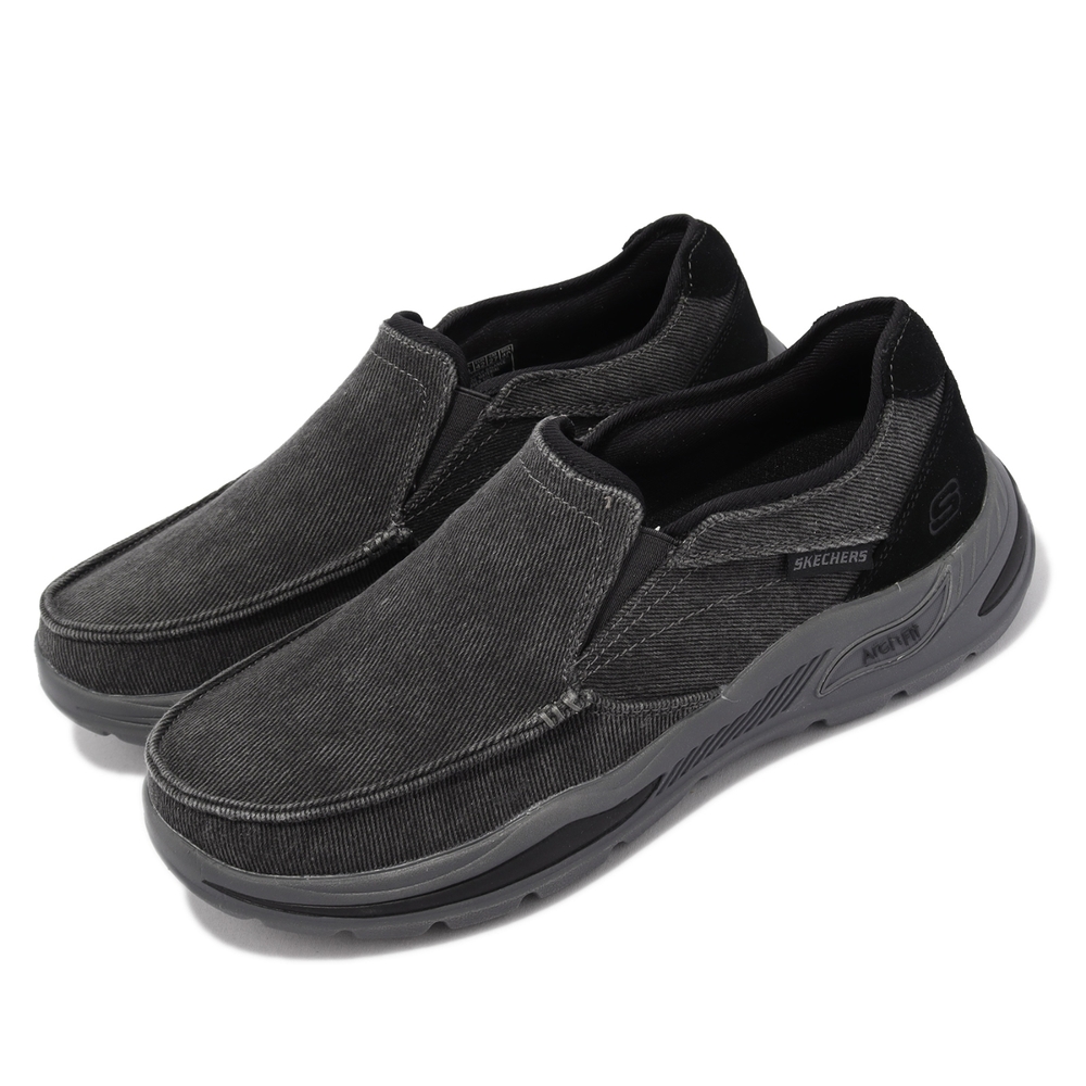 Skechers 休閒鞋 Arch Fit Motley 男鞋 黑 黑灰 套入式 馬克縫 帆布 健走 懶人鞋 204415BLK