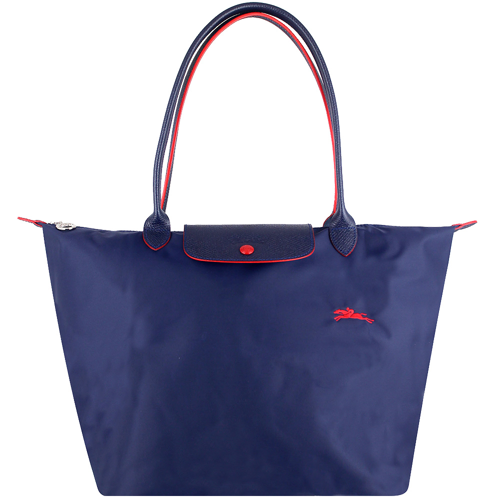 Longchamp Collection尼龍布刺繡品牌長背帶水餃包(藍色/大)