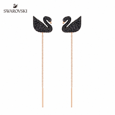 施華洛世奇 Iconic Swan 高貴典雅黑色天鵝水晶耳環