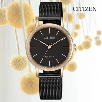 CITIZEN 星辰 LADYS 光動能 時尚黑米蘭帶淑女腕錶-30.2mm EM0577-87E