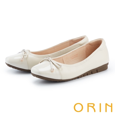 ORIN 異材質拼接蝴蝶結真皮方頭平底鞋 米白