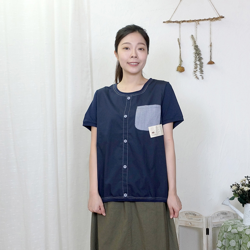 Hana-Mokuba花木馬日系女裝針梭織拼接素色百搭T恤_深藍