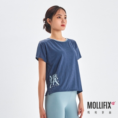 Mollifix 瑪莉菲絲 後背鏤空透氣緹花短袖訓練上衣、瑜珈服 (深霧藍)、暢貨出清