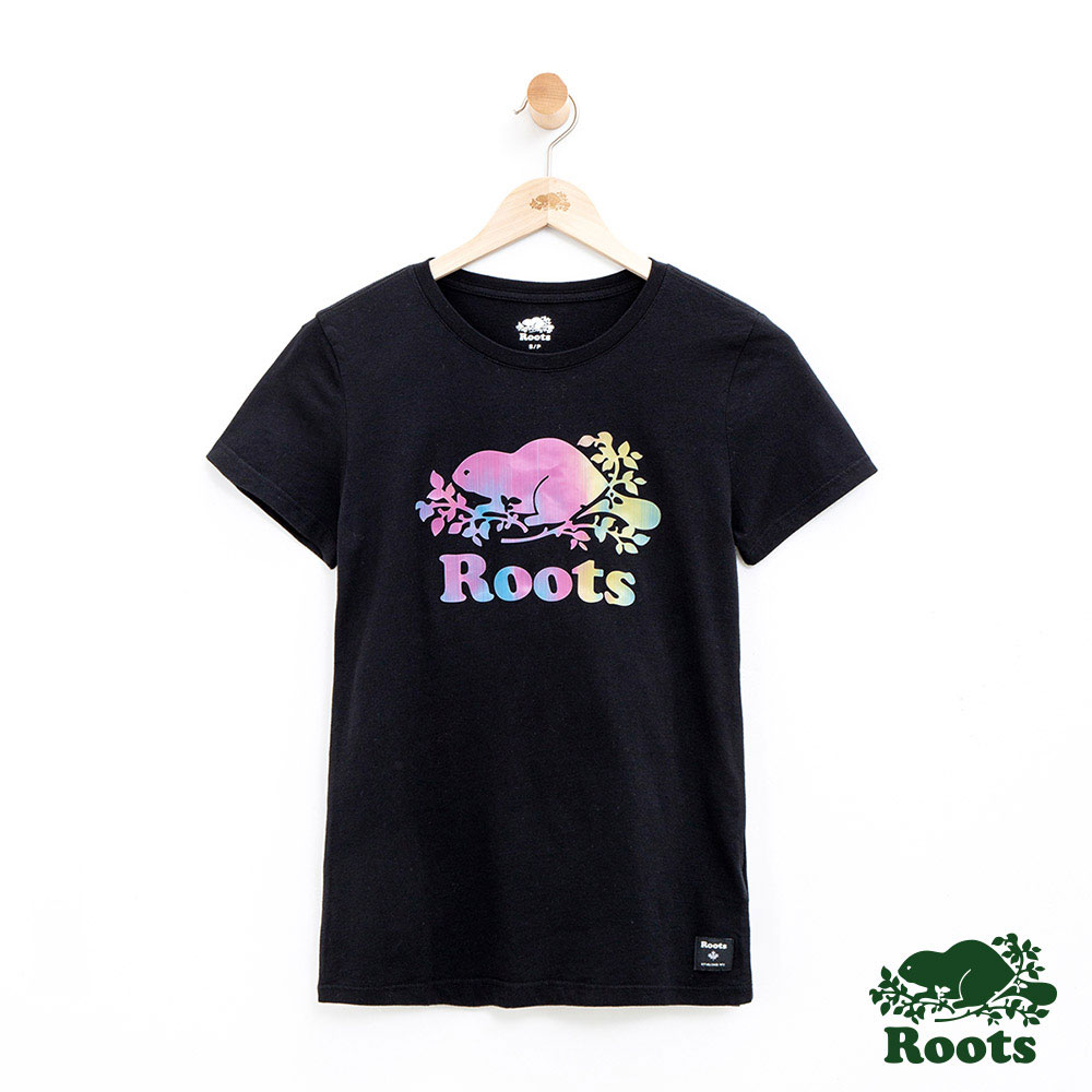 女裝Roots 漸層海狸LOGO短袖T恤-黑