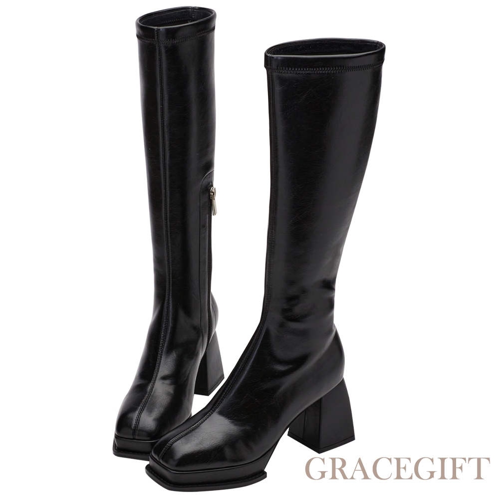 【Grace Gift】唐葳訂製-方頭素面水台粗跟長靴 黑