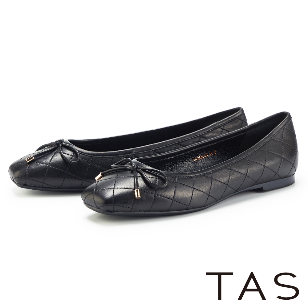 TAS 菱格紋縫線羊皮平底鞋 黑色