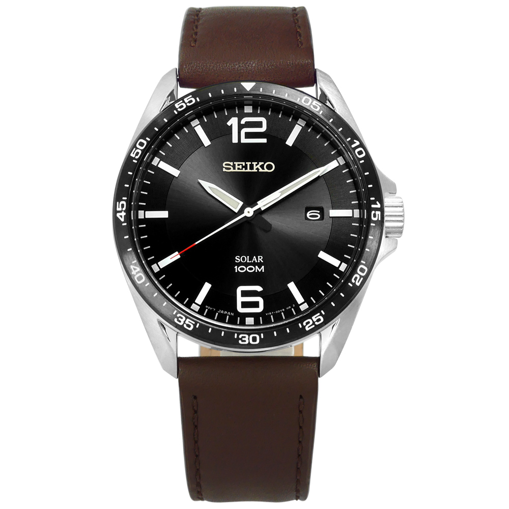 SEIKO 精工 環保太陽能日期礦石強化玻璃防水牛皮手錶-黑x棕/42mm