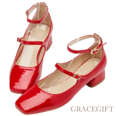 【Grace Gift】復古方頭雙帶中跟芭蕾瑪莉珍鞋 紅漆