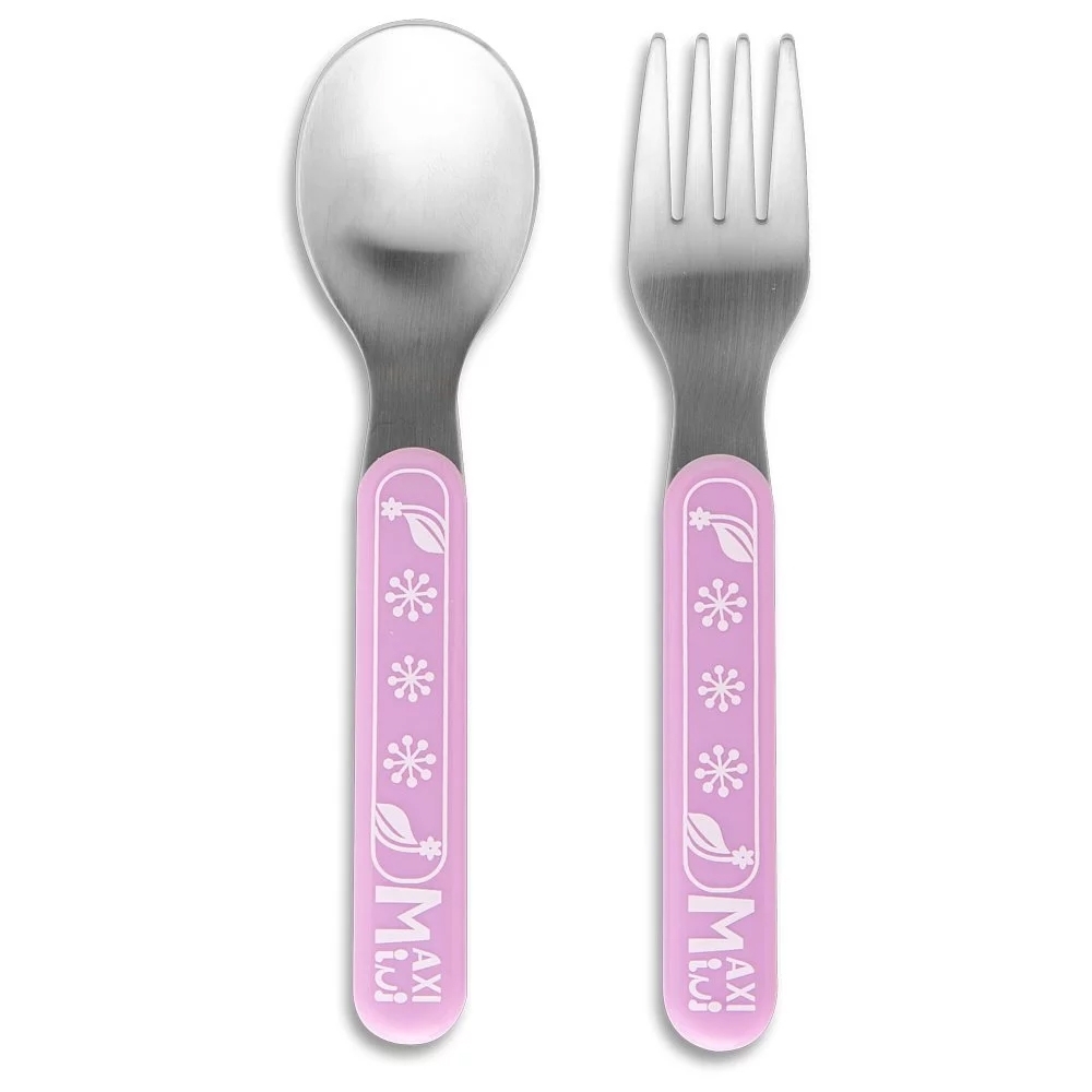 【美國MaxiMini】嬰幼兒抗菌不鏽鋼餐具組(湯匙/叉子) (2色可選)