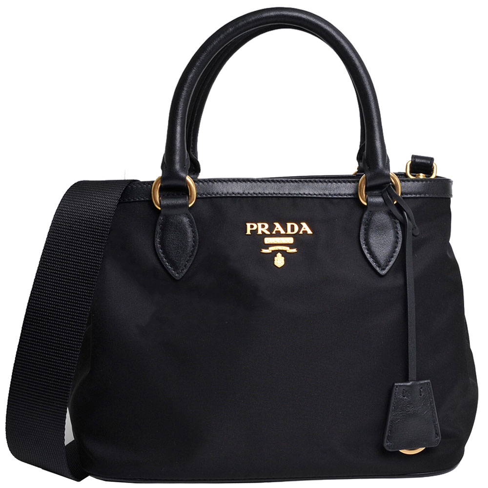 PRADA BORSA A MANO 經典浮雕LOGO尼龍皮飾邊手提斜背兩用包(經典黑)