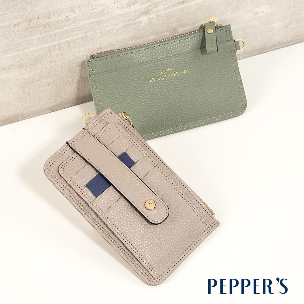 PEPPER'S DOT 牛皮雙釦卡夾零錢包 - 淺卡其/岩綠色