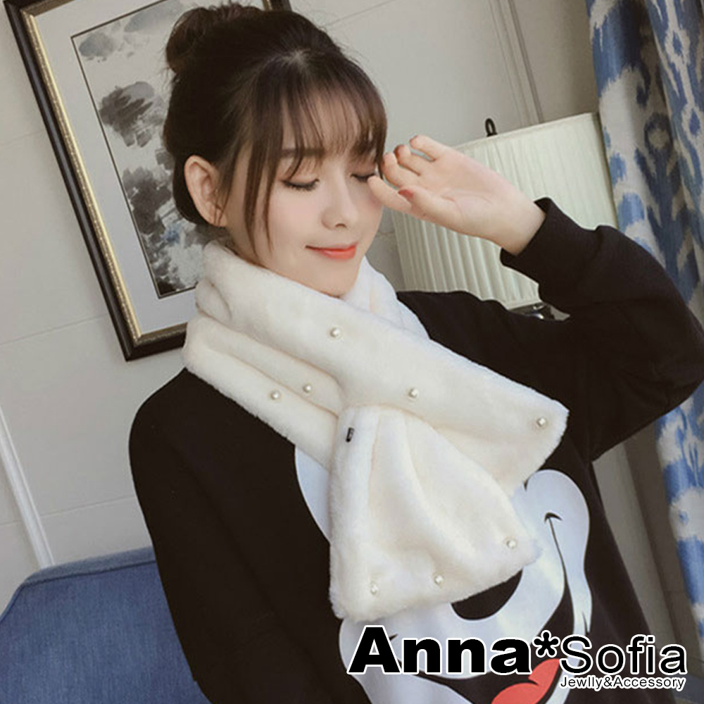 AnnaSofia 媛珠軟柔仿兔毛穿叉款 圍脖套圍巾(米白系)