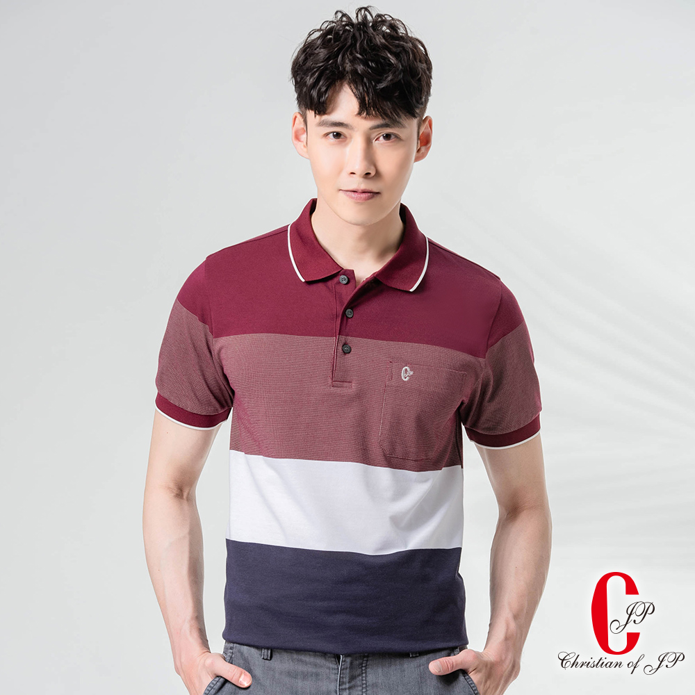 Christian法式魅力棉質口袋POLO_酒紅藍條(PS892-18) product image 1