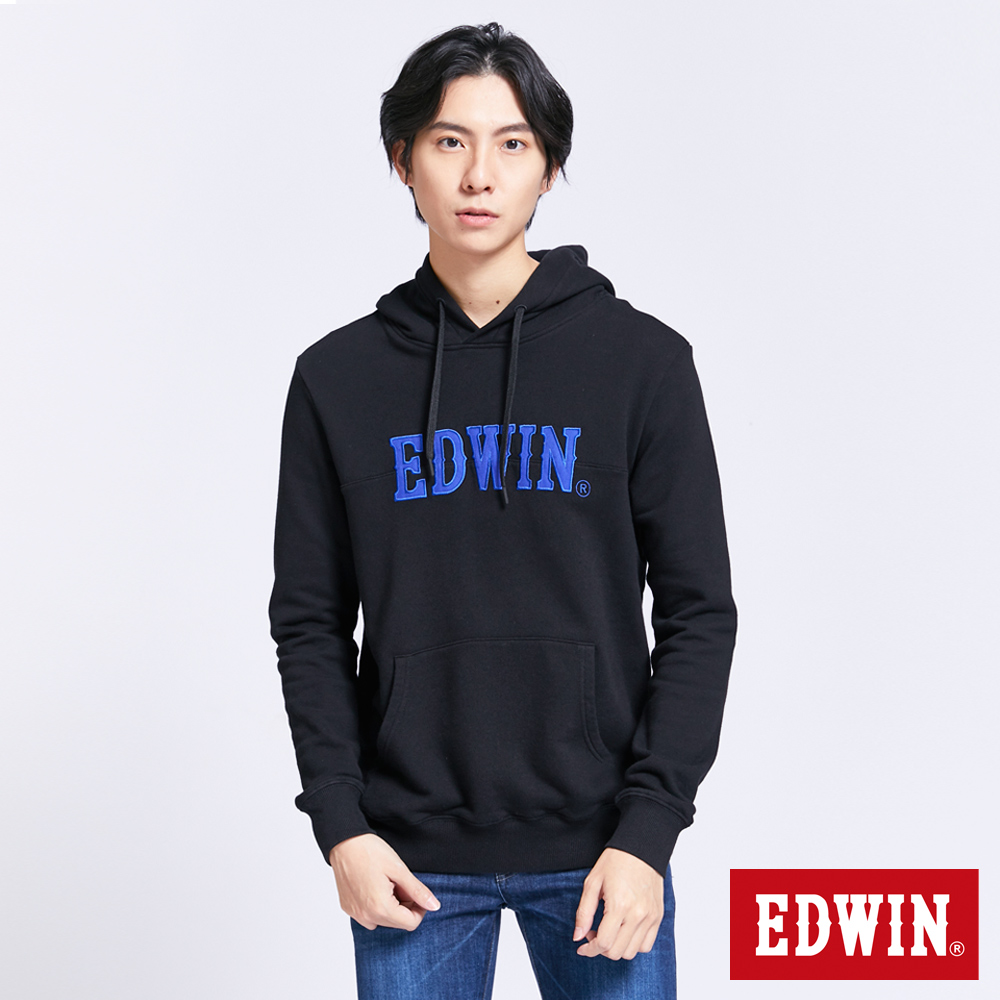 EDWIN 搖滾不死 LOGO拼色連帽T恤-男-黑色