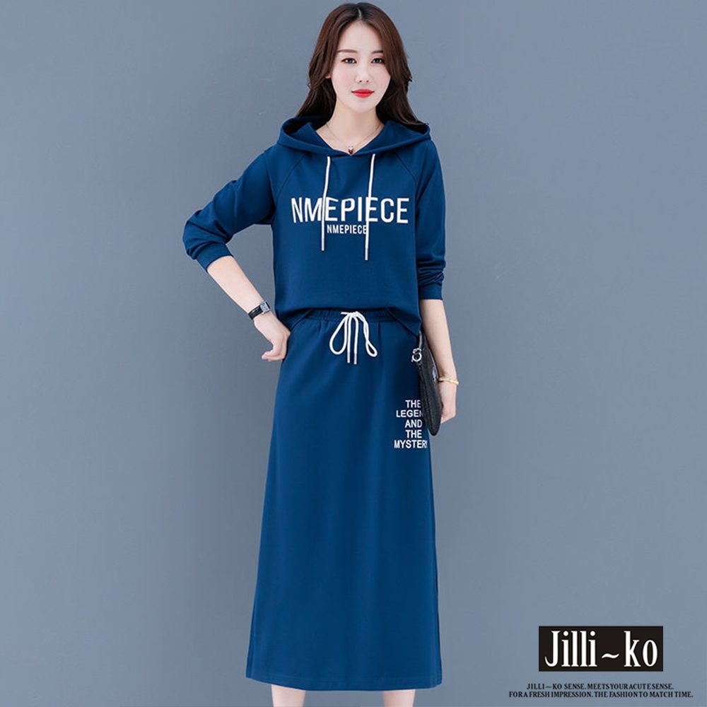 JILLI-KO 兩件套英文印花連帽衛衣裙裝- 藍/黑