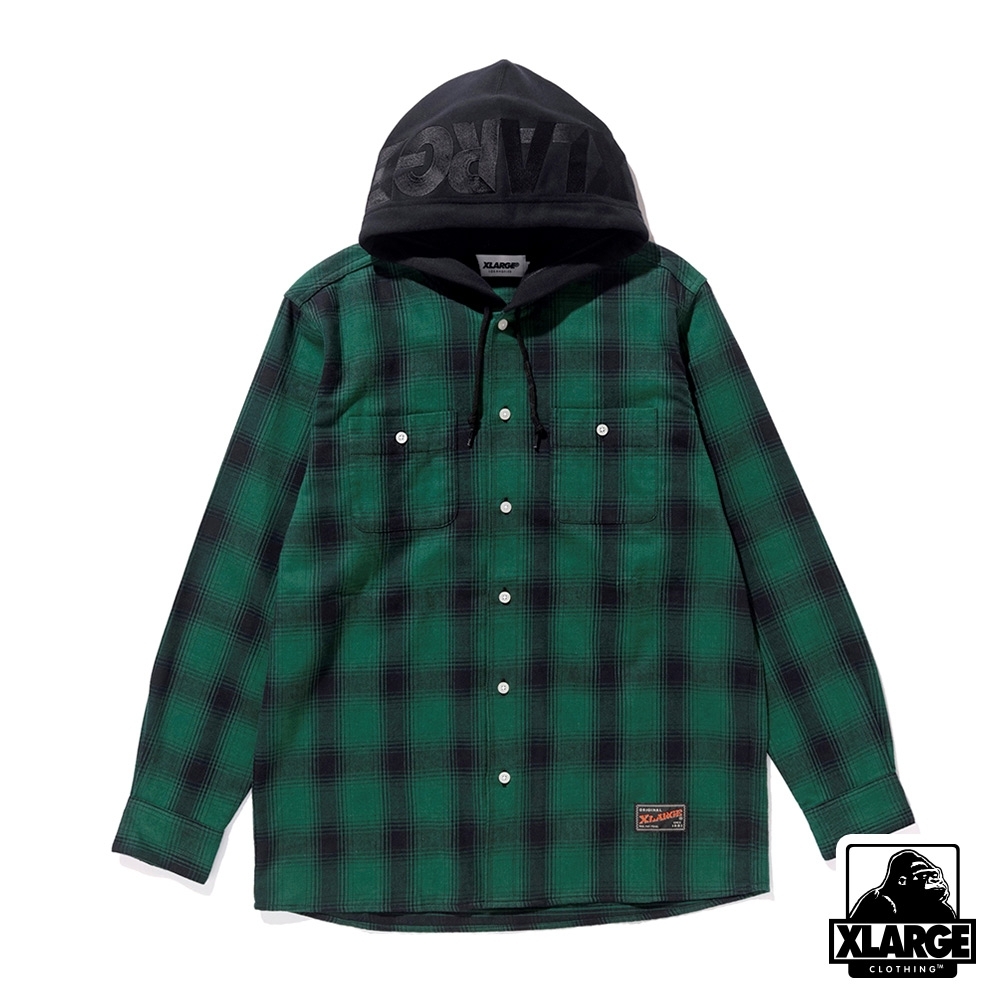 XLARGE  HOODED FLANNEL SHIRT格紋帽T-綠