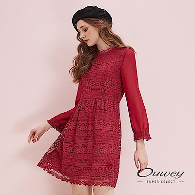 OUWEY歐薇 雪紡拼接水溶蕾絲小立領洋裝(紅)