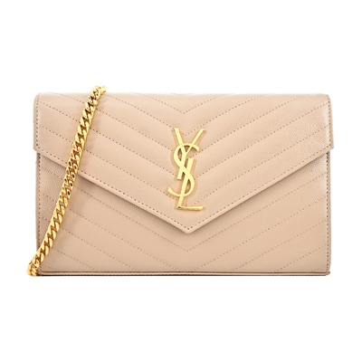 YSL 377828 MONOGRAM V字縫線魚子醬牛皮WOC信封斜背包(駝/金)