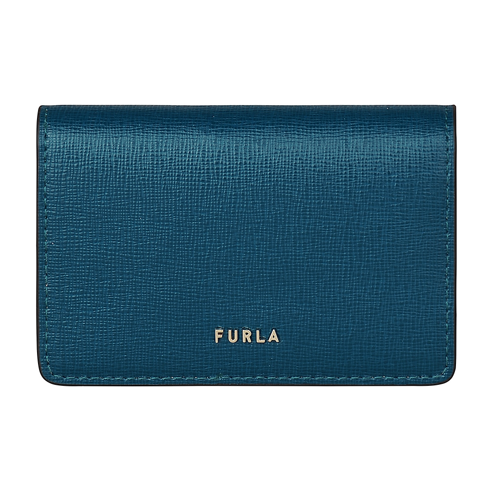 FURLA BABYLON金字浮雕LOGO防刮小牛皮扣式對折名片夾(小/孔雀藍x粉)