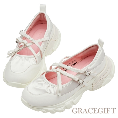 【Grace Gift】蝴蝶結交叉細帶芭蕾舞瑪莉珍休閒鞋 白