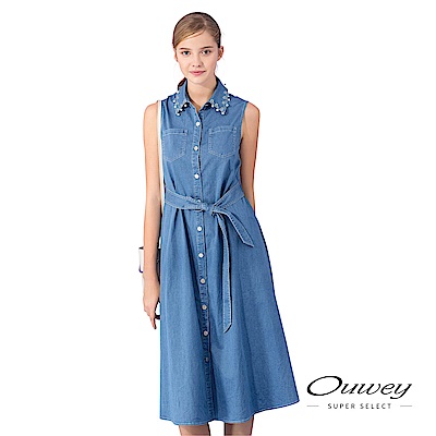 OUWEY歐薇 珠飾造型領片長版牛仔洋裝(藍)