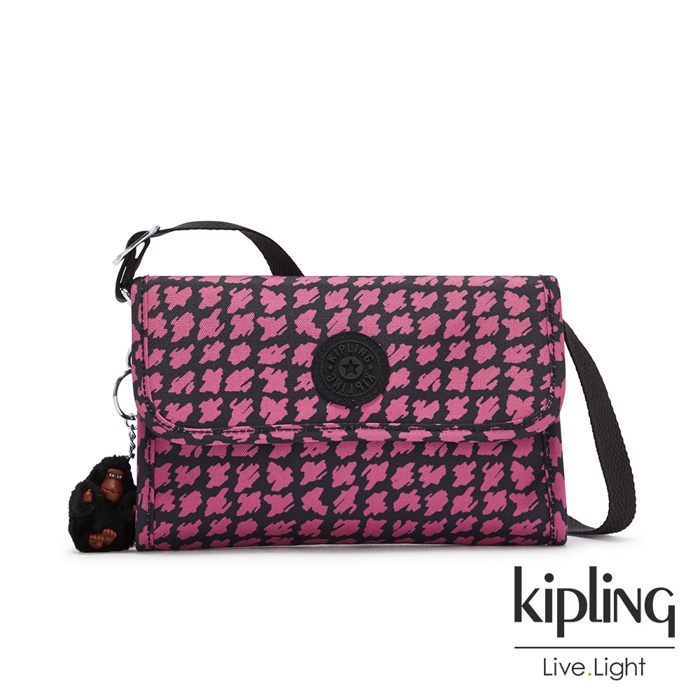 Kipling 時尚塗鴉線條撞色掀蓋拉鍊肩背包-BERRY