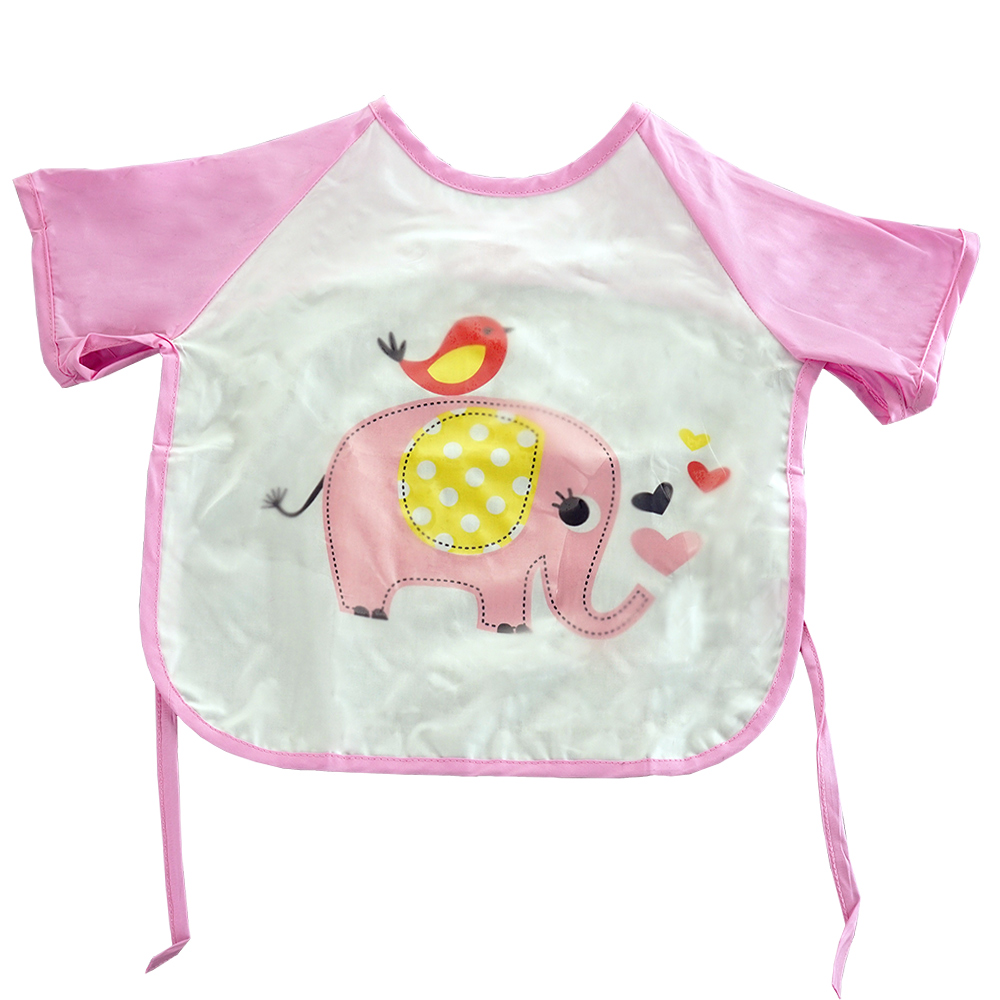 QBabe 塗鴉短袖防水畫畫吃飯寶寶罩衣-粉色大象