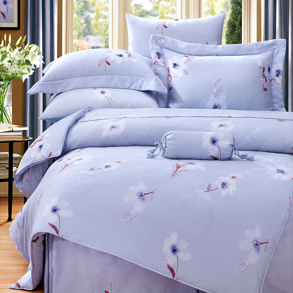 Saint Rose 法莉緹-藍 加大100%純天絲兩用被套床罩八件組