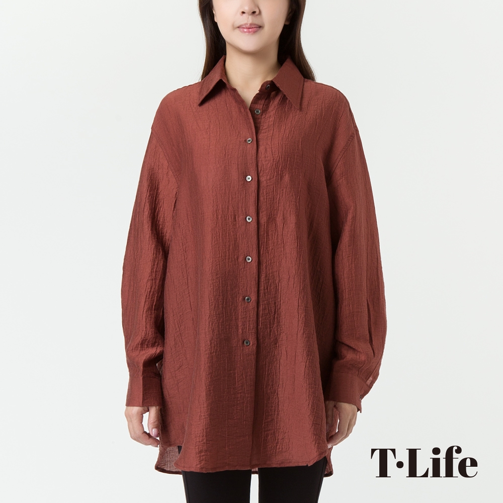 T.Life 日系珠光壓紋造型長版立領襯衫(2色)