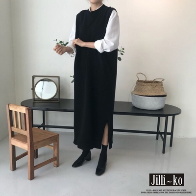 JILLI-KO 長款馬甲針織連衣裙韓國INS風長款背心毛衣長洋裝- 黑/深灰