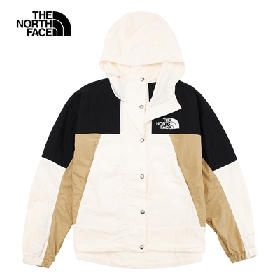 【The North Face 官方旗艦】北面女款米白拼接防風防潑水下擺抽繩連帽外套｜81RXOXA