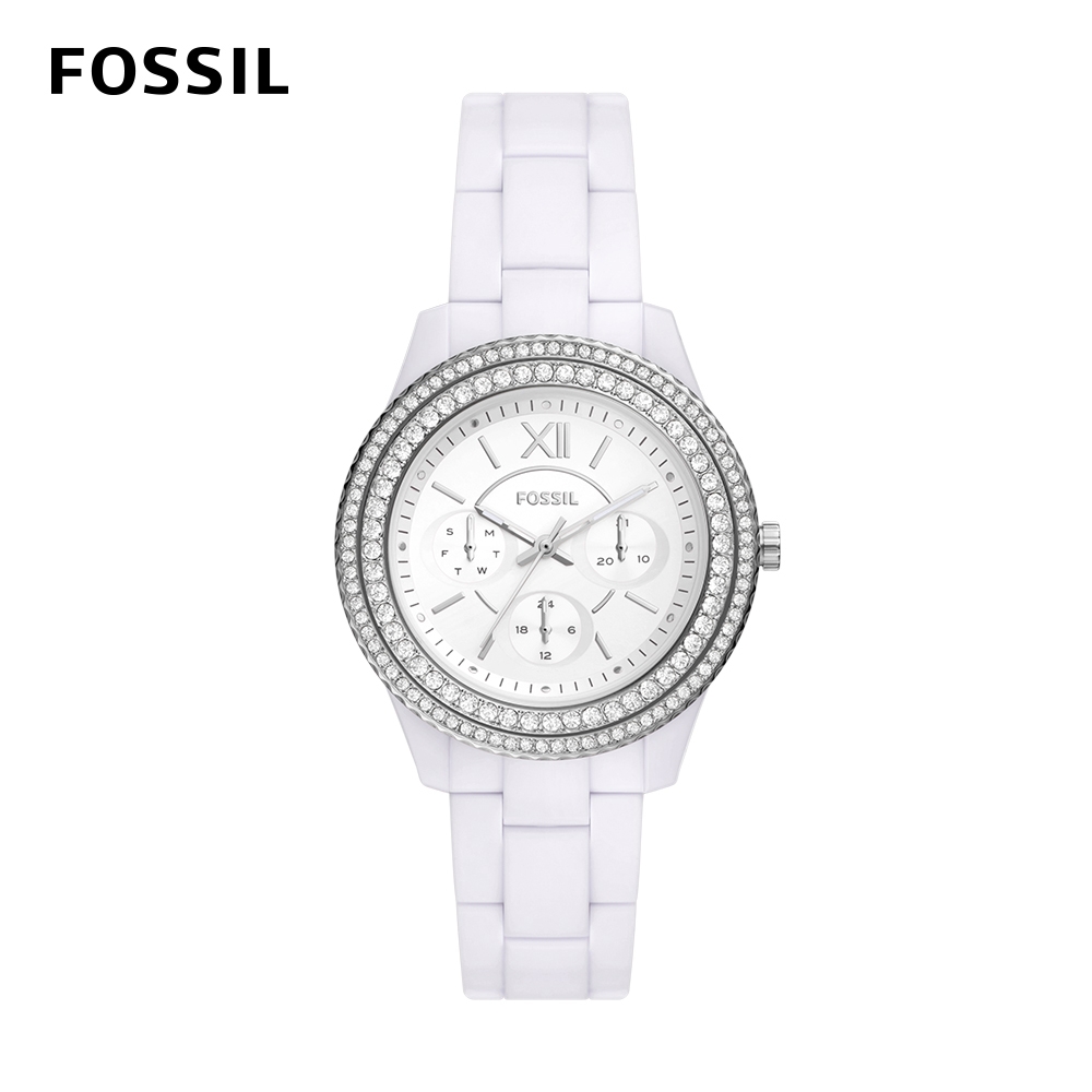 Fossil Stella 奢華雙鑽圈經典女錶 白色環保材質錶帶 37MM ES5151