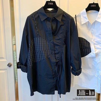 JILLI-KO 假兩件不規則拼接格子寬鬆襯衫- 黑色