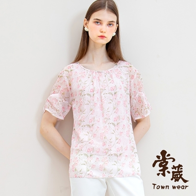 【TOWNWEAR棠葳】氣質花卉抓皺設計上衣(女上衣/女上著/鑽飾/短袖/透膚)