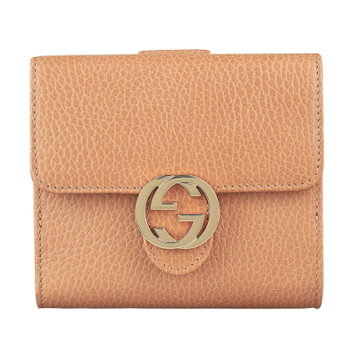 GUCCI Marmont雙G LOGO牛皮10卡釦式短夾(淺駝)