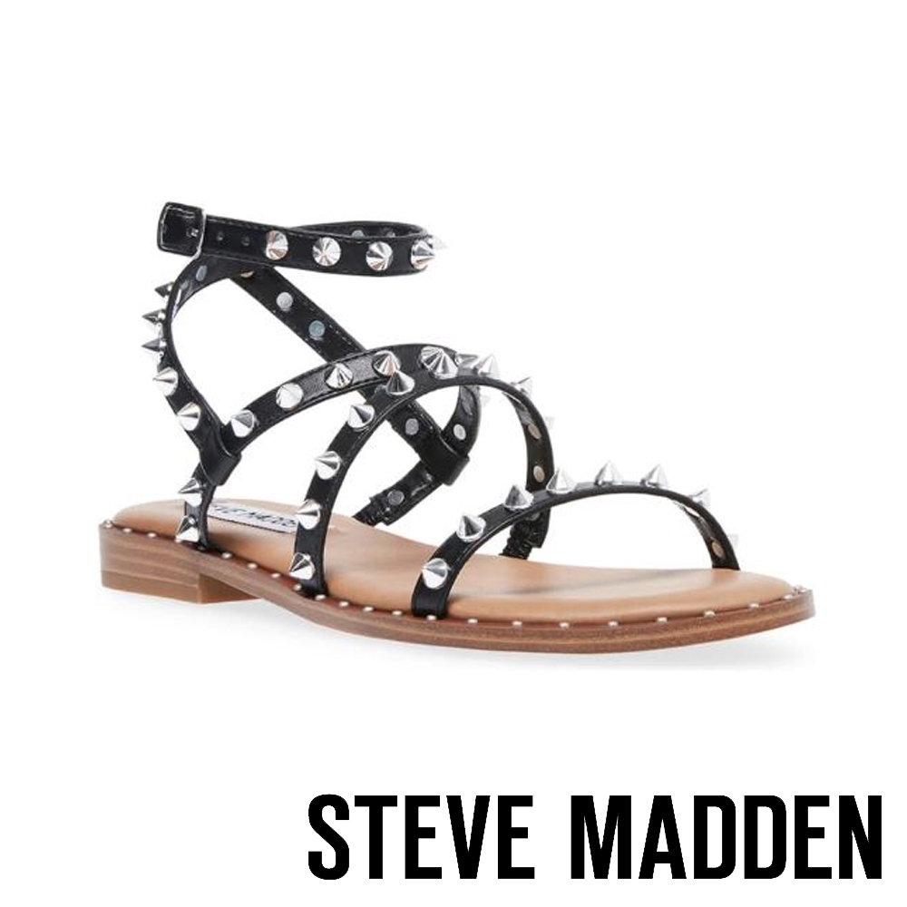 STEVE MADDEN-TRAVEL-玩酷搖滾 二字帶繞踝圓鉚釘涼拖鞋-黑色