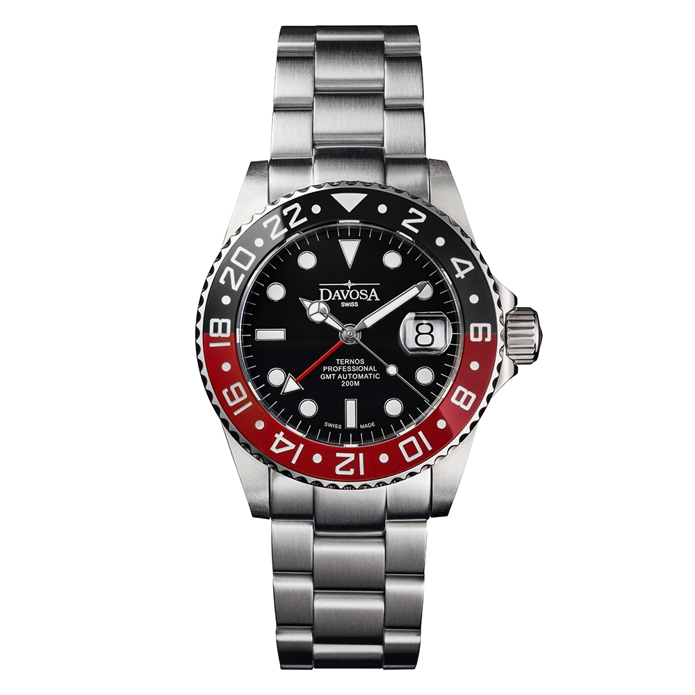 DAVOSA 161.571.90 TT GMT 雙時區潛水專用?錶-黑紅雙色/不鏽鋼帶款