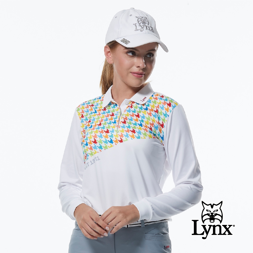 【Lynx Golf】女款吸濕排汗半身繽紛千鳥紋印花長袖POLO衫-白色