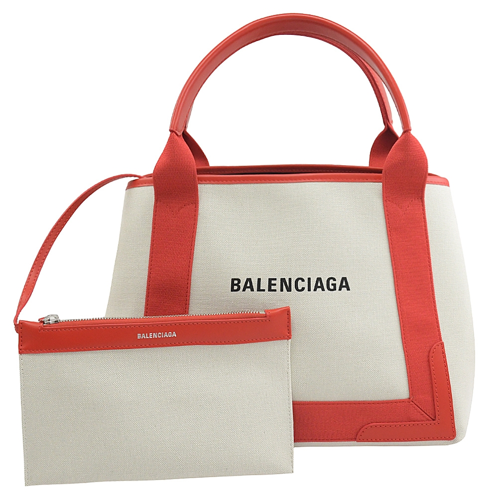 BALENCIAGA NAVY 簡約款手提帆布包(米白/紅邊)